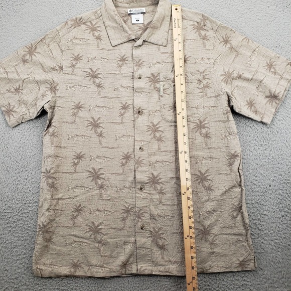 Columbia Shirt Mens Large Brown Button Up Casual Palm Fish All Over Print Aloha - Picture 10 of 13